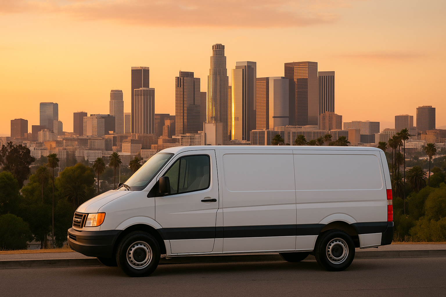 White delivery van with Los Angeles skyline at golden hour